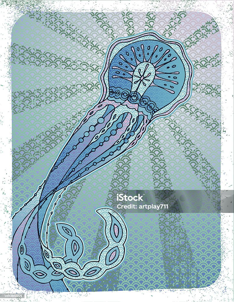 Transparent Jellyfish Hand drawn jellyfish with rays shooting from behind the head, colored in to appear transparent to the ocean wave pattern in the background (no actual transparent shapes used). White grunge texture border. Animal Markings stock vector