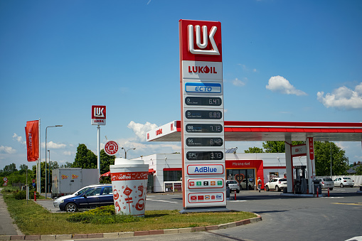 Tunari, Romania - Mai 24, 2023: A Lukoil gas station is seen on the Bucharest ring road (DMCB). This image is for editorial use only.