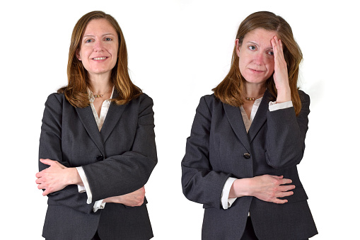 Closeup of a business woman in two separate poses against a white background. The first pose shows her happy and confident. The second pose shows hidden stress and depression.