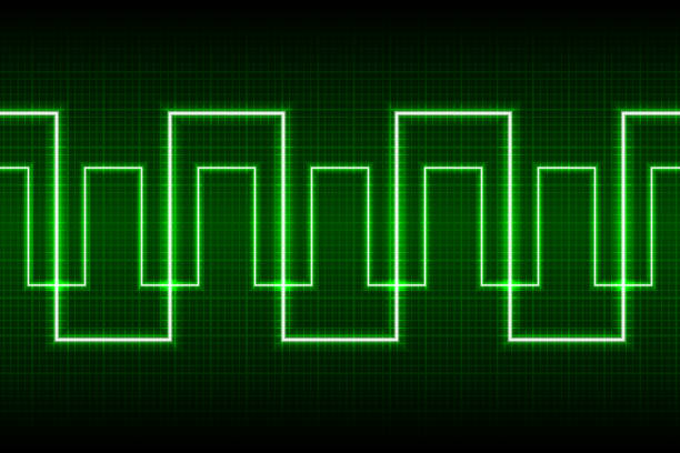 어두운 오실로스코프 디지털 스크린에 있는 추상적인 네온 그린 파선 패턴 - oscillogram stock illustrations