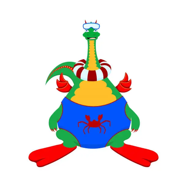 Vector illustration of Funny baby dragon in a bathing suit and flippers for swimming. Summer dragon