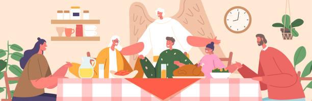 собрание близких за столом, украшенным праздничным застольем, к которому присоединяется утешительное присутствие ангела - having ones say stock illustrations