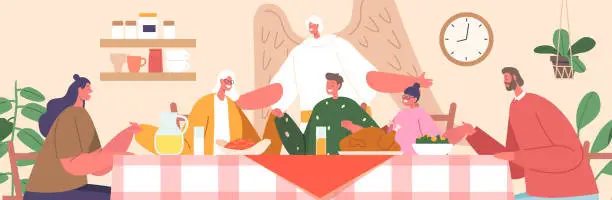 Vector illustration of Gathering Of Loved Ones Around A Table Adorned With A Festive Feast, Joined By The Comforting Presence Of An Angel