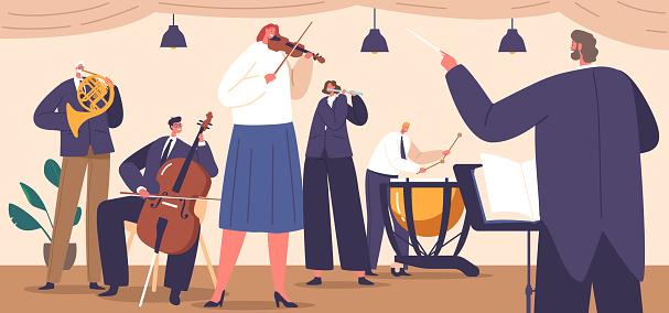 Talented Musicians Perform Classical Masterpieces On Stage with Conductor, Captivating The Audience With Their Skillful Playing Classical Music during Performance. Cartoon People Vector Illustration