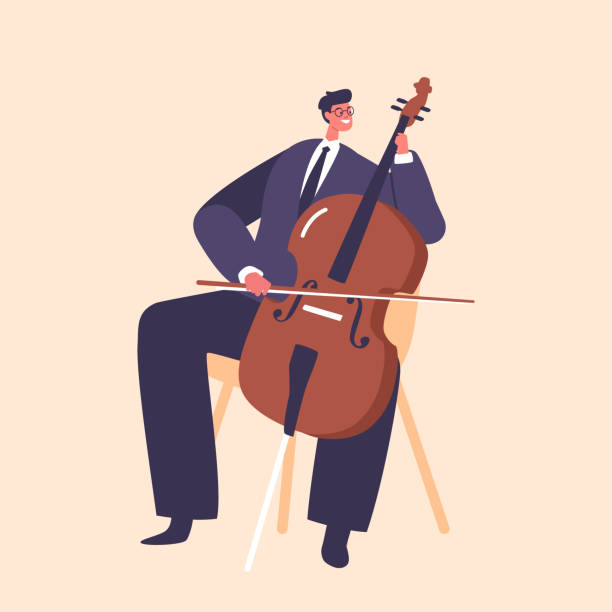 illustrazioni stock, clip art, cartoni animati e icone di tendenza di talentuoso musicista classico personaggio maschile che mostra la loro padronanza del violoncello sul palco, affascinando il pubblico - violinist