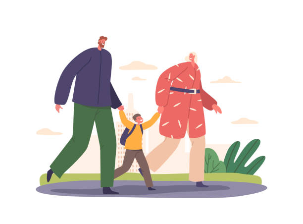 ilustrações de stock, clip art, desenhos animados e ícones de parents walk alongside their school-aged son. characters fostering a sense of guidance and support, vector illustration - backpack student report card education