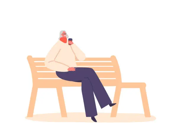 Vector illustration of Elderly Woman Enjoying A Cup Of Coffee On A Peaceful Bench, Aged Female Character Savoring The Moment