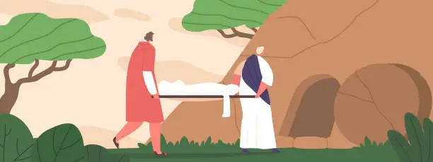 Vector illustration of Burial Of Jesus Christ. Significant Event In Christian History, Marking The Entombment Of Jesus Christ After Crucifixion