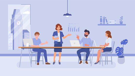 Business people. Diverse characters working as a teamwork at office. Business meeting and brainstorming with team for goal planning and target to achieve financial strategy. Flat vector illustration.