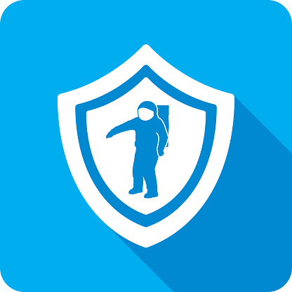 Vector illustration of a shield with spaceman icon against a blue background in flat style.
