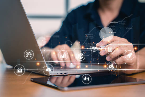 istock Analysis and data exchange customer connection, HR recruitment outsourcing, Strategic and teamwork with technology to help analyze data to get the best results. Global business structure of network. 1493867164