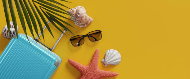 Summer vacation background with lots of seashells and other summer-themed objects. 3d rendering