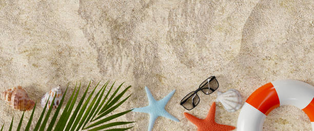 Summer vacation background with lots of seashells and other summer-themed objects. 3d rendering