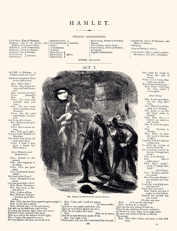 Hamlet Act1. Vintage illustration circa late 19th century, engraved by Sir John Gilbert, and edited by Howard Staunton (1882) to illustrate plays of William Shakespeare. Digital restoration by Pictore.