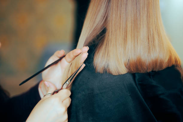 Hairdresser Hands Holding Scissors and Comb Cutting Hair Straight Hairstylist cutting the split ends of a little girl hair length stock pictures, royalty-free photos & images