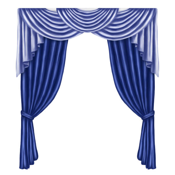 サテン、シルク、布で作られた青いカーテンのアーチ。白い背景にデジタルイラスト。家、ダンスホール、劇場の内部の窓やドアの装飾要素 - palace stage theater vehicle interior indoors点のイラスト素材／クリップアート素材／マンガ素材／アイコン素材