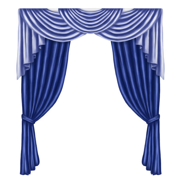 ilustrações de stock, clip art, desenhos animados e ícones de arch of blue curtains made of satin, silk, fabric. digital illustration on a white background. decorative element for windows and doors in the interior of a house, dance hall, theater - palace stage theater vehicle interior indoors