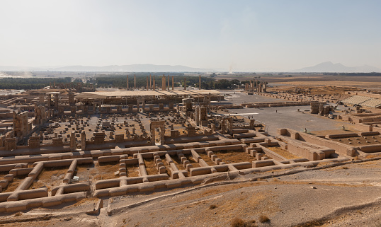 Panoramic general view of ruins in Persepolis, founded by Darius the Great in 518 B.C. and capital of ancient Achaemenid Empire, 60 km northeast of Shiraz, Iran. UNESCO World Heritage.