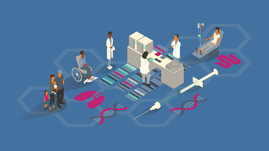 Nine diverse patients, doctors, and healthcare professionals gather to illustrate the medical field of Medical Genetics. Details including DNA iconography, a family with children, laboratory equipment, and patients of genetic diseases emphasize the main idea. Conceptual vector illustration presented in isometric view over a blue background on a 16x9 artboard. Colors include warm off-white, gray, turquoise/teal, and magenta