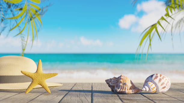 istock Summer beach sand and waves background with seashells on a wooden deck, 3d rendering 1493874204