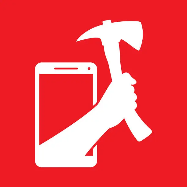 Vector illustration of Hand Holding Axe Smartphone Icon Silhouette