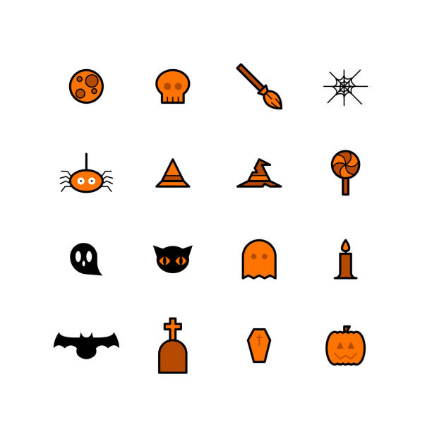 illustrazioni stock, clip art, cartoni animati e icone di tendenza di set di halloween vector per icona piatta con colore nero e arancione - party hat silhouette symbol computer icon