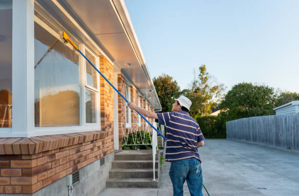 istock Man washing windows with long pole and brush. Home maintenance. Auckland. 1493894236