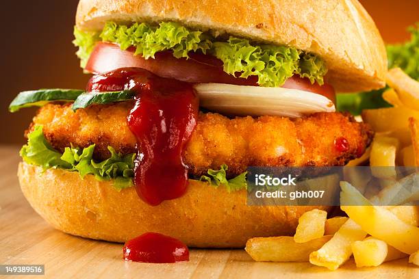 Big Hamburger With French Fries Stock Photo - Download Image Now - Bread, Bun - Bread, Burger