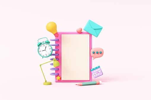 Cute pink blank notebook 3D with pencil, alarm clock, envelope, desk lamp. Daily life, routine or activity, kid style sketchbook on light pink background. Object with clipping path. 3D Illustration.