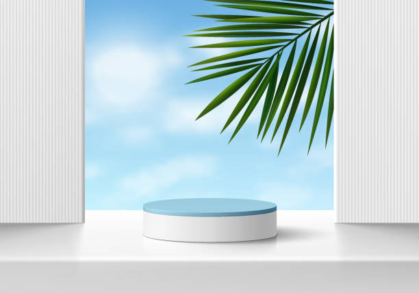 istock Realistic 3D blue, white cylinder pedestal podium background with blue sky and palm leaf. Wall minimal scene mockup products stage showcase, Cosmetic promotion display. Abstract vector empty platform. 1493899402