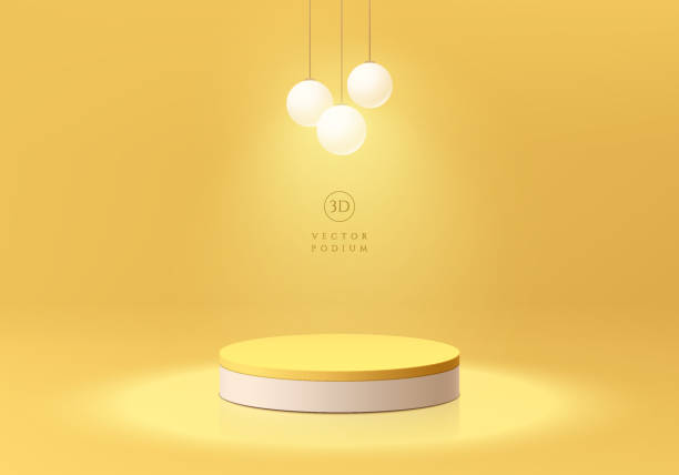 Realistic 3D yellow, white pedestal podium background with lighting of sphere light bulb hanging. Wall minimal scene mockup product stage showcase, Cosmetic promotion display. Abstract vector platform vector art illustration