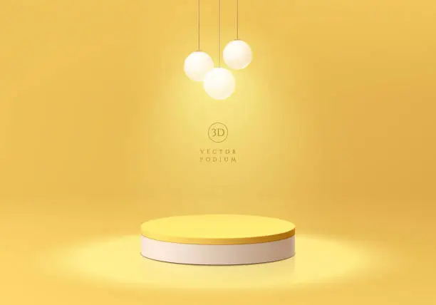 Vector illustration of Realistic 3D yellow, white pedestal podium background with lighting of sphere light bulb hanging. Wall minimal scene mockup product stage showcase, Cosmetic promotion display. Abstract vector platform