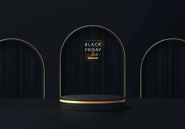 Vector illustration of Realistic black, gold 3d cylinder pedestal podium background placed in front of 3 arch gate and curtain. Wall minimal scene, Mockup product presentation, Vector geometric platform. Stage for showcase.