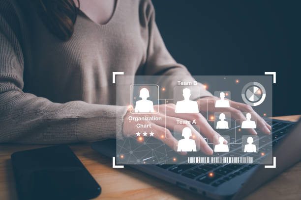 istock Business woman using laptop computer with organigram on virtual screen or mind map. Human Resources Manager working with HR organizational diagram. teamwork, career concept. 1493903037