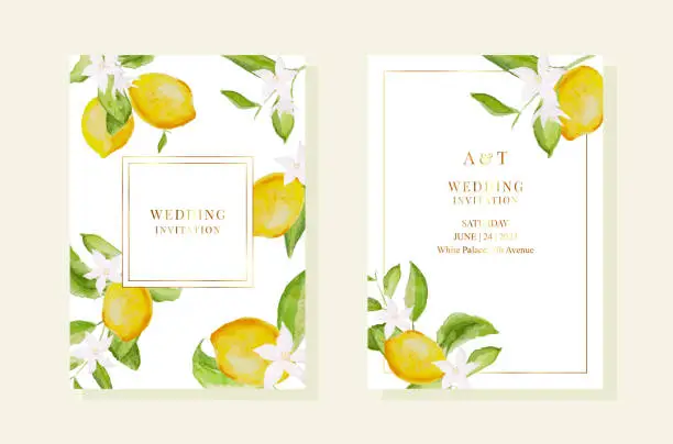 Vector illustration of Wedding pemplates with watercolor lemon and leaves. Gold frames