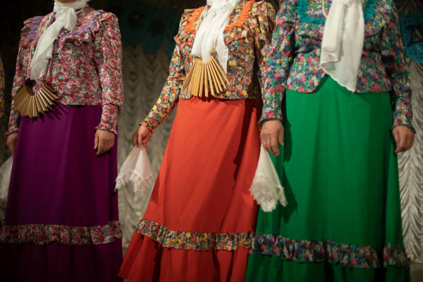 Russian folk costume. Folk clothes. Folklore ensemble. Performance in traditional dresses.