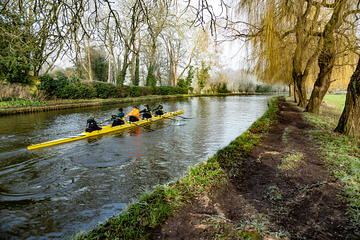 Early morning rowing club exercises River Wey Guildford Surrey England