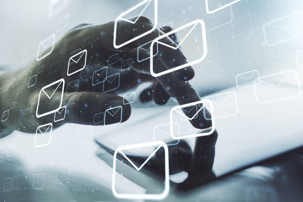 istock Creative abstract postal envelopes hologram with finger presses on a digital tablet on background, email and notification concept. Multiexposure 1493910085