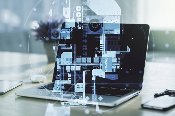 istock Double exposure of creative artificial Intelligence symbol with modern laptop on background. Neural networks and machine learning concept 1493910101