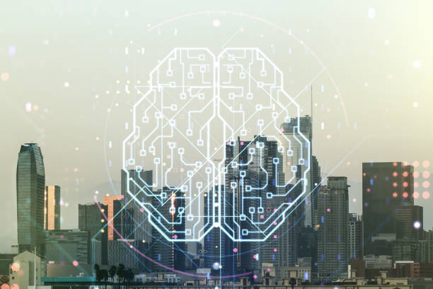 istock Double exposure of creative artificial Intelligence interface on Los Angeles city skyscrapers background. Neural networks and machine learning concept 1493910124