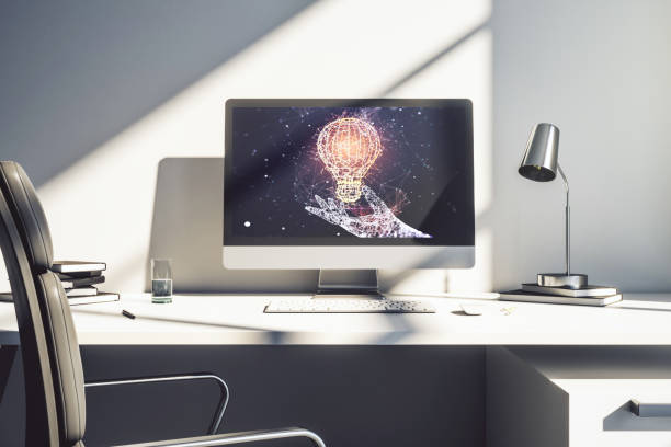 istock Creative light bulb illustration on modern computer monitor, future technology concept. 3D Rendering 1493910189