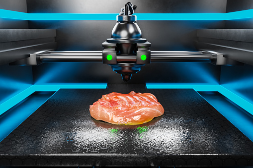 3d Rendering illustration of a cutting-edge food production method: 3D-printed fish flesh that's all set to be cooked.