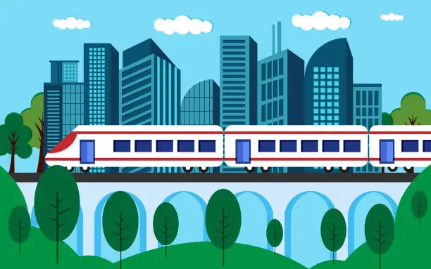Vector illustration of City concept with modern buildings and railway train. Minimal cityscape scene with sky train