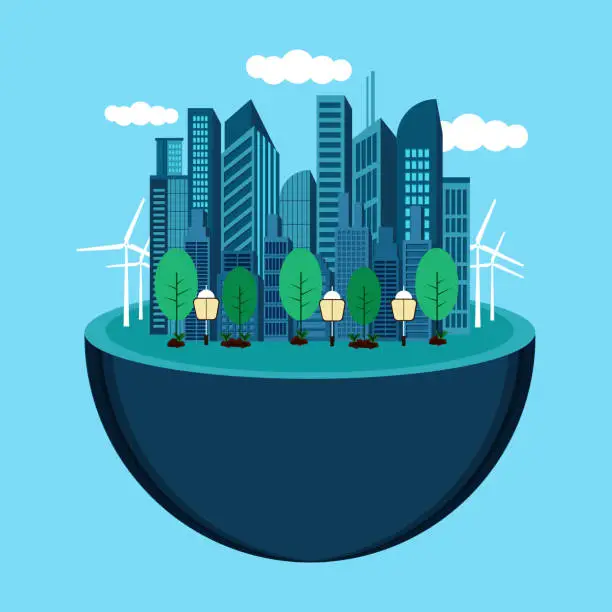 Vector illustration of Future city with skyscrapers buildings. Urban view with electric windmills, eco-friendly environment