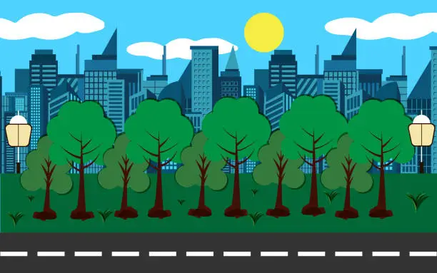 Vector illustration of Urban City Landscape Street Road with Trees and Skyline Background