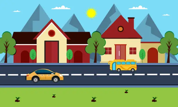 Vector illustration of Urban landscape with large skyline and suburb with private houses on a background hills. Street and asphalt road with cars