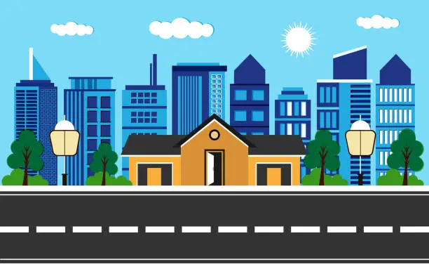 Vector illustration of Urban landscape vector with modern buildings and suburb with private houses on a background