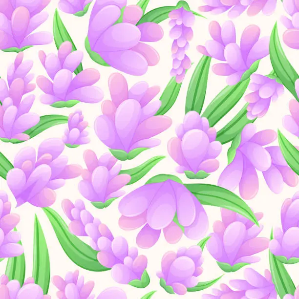 Vector illustration of Violet bright buds with lavender or lilac petals with leaves. Vector cartoon seamless floral pattern.