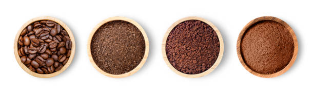 caffè in grani e caffè macinato - coffee crop bean seed directly above foto e immagini stock