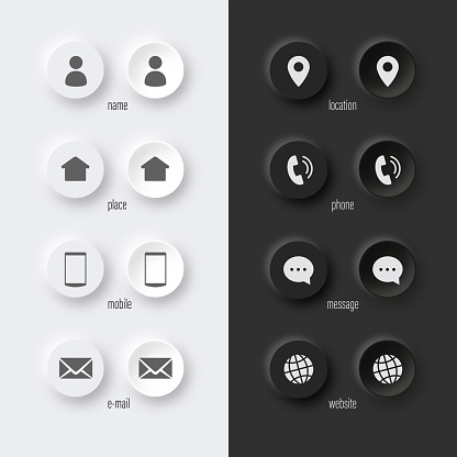 Business card icon sets for mobile apps. Over and push button attitude neumorphic design